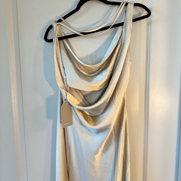 NEW Meshki Gold Satin Asymmetrical Draped Low Back Maxi Slip Dress, Size S & L - Picture 8 of 13
